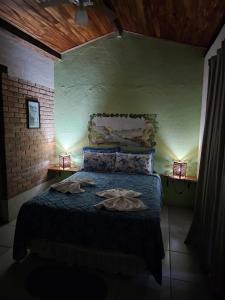 伦索伊斯Canto Verde Pousada的一间卧室配有一张带蓝色棉被的床