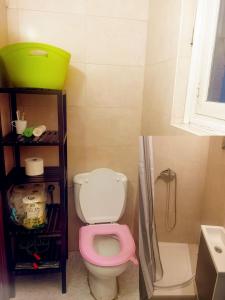马德里安静双人房的一间带粉红色卫生间和淋浴的浴室