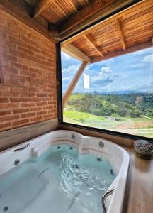 圣安东尼奥-杜皮尼亚尔Sitio Recanto do Fredd的带浴缸的大窗户