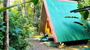 福尔图纳Chalets Silencio del Bosque的森林中带绿色屋顶的小房子