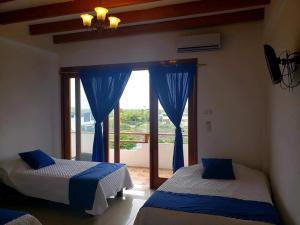 比亚米尔港HOSPEDAJE DELFIN AZUL的配有蓝色窗帘和窗户的客房内的两张床