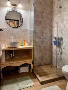 SicasăuAproka - Chalet Mignon Adorable small guest house的带淋浴、盥洗盆和镜子的浴室