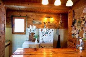 科帕奥尼克Cozy chalet Montana的木墙内带冰箱的厨房