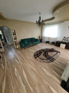 Crasna din ValeCasa din Povesti的客厅配有绿色沙发和地毯。