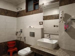达兰萨拉Hotel King Castle Central Heated & Air cooled的一间带水槽、卫生间和镜子的浴室