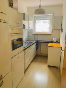 普福尔茨海姆Sonniges Apartment in ruhiger und zentraler Lage的厨房配有白色橱柜、水槽和窗户。