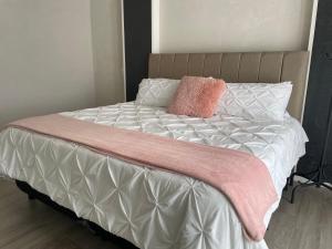 San Mateo XolocHotel Del Real的一张带粉色毯子和枕头的床