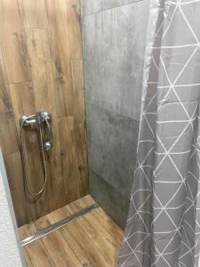 布雷兹诺Útulný byt Brezno v Nízkych Tatrách的浴室里设有玻璃门淋浴