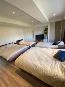 富士市MR TOMO FUJI的一间卧室设有三张床和一台平面电视