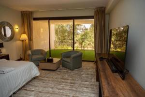 巴勒如拉斯Ghodran Hotel and Resort的一间卧室配有一张床、两把椅子和电视