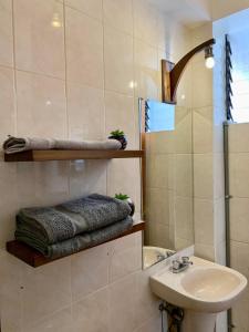 库斯科Casa Encuentro San Blas的浴室配有盥洗盆、卫生间和毛巾。