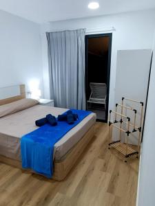 科拉雷侯Fuerte Vibes Guest House In Corralejo的一间卧室配有一张带蓝色床单的床和一把椅子