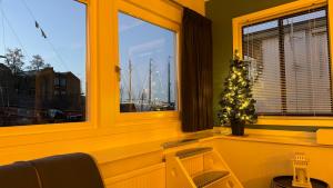 哈尔德韦克Woonboot 4 Harderwijk的窗户上有一棵圣诞树的房间