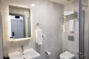 阿拉尼亚Comfort Suites的一间带水槽、卫生间和镜子的浴室
