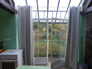 吉维尼Les Buissonnets的厨房设有花园景窗户。