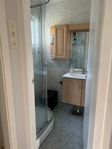 奥勒松Guest room in private house的带淋浴和盥洗盆的浴室