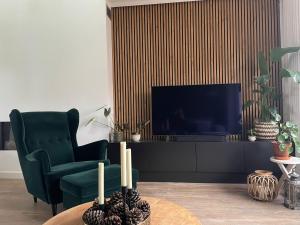 弗利辛恩Tip Top vakantie Woning Vlissingen的客厅配有绿色椅子和电视