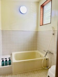 白马村Pyrenees Cottage - Vacation STAY 24861v的一间带绿色浴缸和窗户的浴室