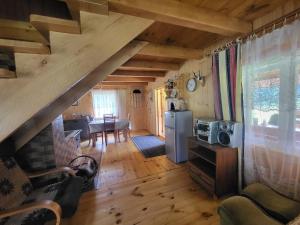 Miejsce w lesie的小木屋内的厨房和用餐室