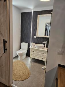 瓦马Malina Glamping的一间带卫生间、水槽和镜子的浴室