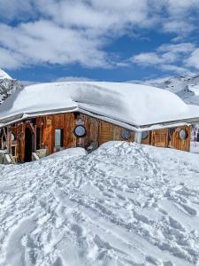 阿沃里亚兹Chalet Flocon - luxury ski chalet by Avoriaz Chale的雪覆盖的小木屋,有雪覆盖的屋顶