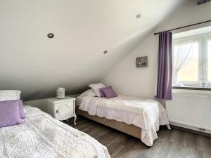 艾瓦耶Au Chat’Moineau的阁楼卧室设有两张床和窗户。