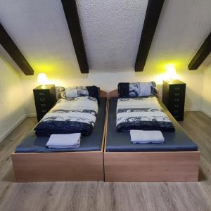 波鸿Uni-nähes Apartmenthaus mit Garten的配有两盏灯的小房间内的两张床