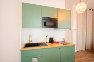 桑斯Le Laurencin Sens - Le Zen的厨房配有绿色橱柜和水槽