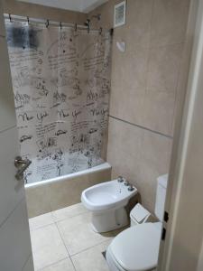 布宜诺斯艾利斯Flores Finesse的浴室设有卫生间,墙上设有淋浴和绘画。