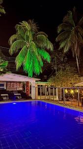 梅尔加Hotel Quinta Ana María的一座种植了棕榈树的蓝色游泳池