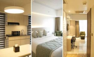 达卡Lakeshore Heights的两张图片的酒店客房 - 带一张床和一间厨房