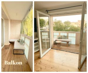 格但斯克Apartament Plaża 50的客厅的两张照片,带滑动玻璃门