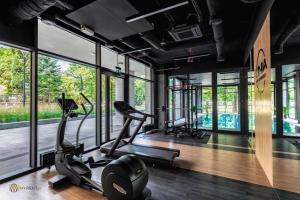 卢布林UNIA ART Apartament 61 - BASEN, SPA的健身房设有跑步机、椭圆机和窗户