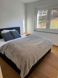 菲斯普Penthouse Visp - mit großer Dachterasse und Panoramablick的一间卧室设有一张大床和两个窗户