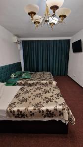 普洛耶什蒂托马膳食公寓酒店的一间卧室配有两张床和吊灯。