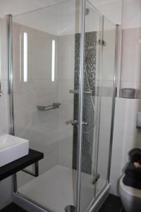 罗拉赫费恩渥诺沃提尼酒店的浴室里设有玻璃门淋浴