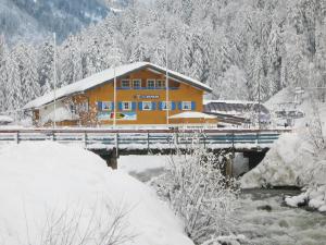 巴尔德赫旺Schelpenalp Berghotel Balderschwang的雪中一座桥上的房子
