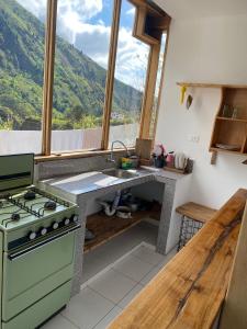 巴尼奥斯Backpackers-balcones-river-lodge的厨房配有炉灶、水槽和窗户。
