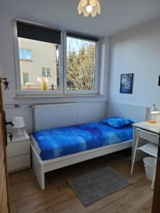 热舒夫Przytulne pokoje u Julii的一间卧室设有蓝色的床和窗户。