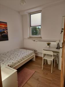 热舒夫Przytulne pokoje u Julii的一间卧室配有一张床、一张书桌和一个窗户。