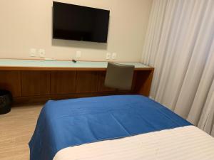 坎皮纳斯Casa do Professor Visitante Unicamp的一间卧室配有一张床和一张书桌及电视