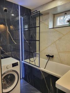 弗罗茨瓦夫New York Style Apartament 90 m2 we Wrocławiu的一间带洗衣机和水槽的浴室