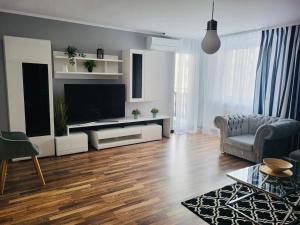 弗罗茨瓦夫New York Style Apartament 90 m2 we Wrocławiu的客厅配有平面电视和沙发。