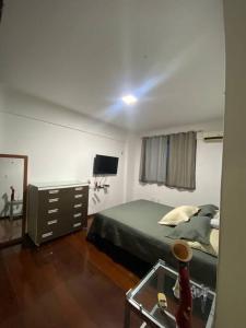 贝伦Apartamento 3 quartos em Belém的一间卧室配有一张床、一台电视和一面镜子