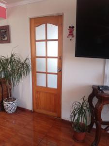 拉塞雷纳Habitación casa familia的木门,在盆栽的房间里