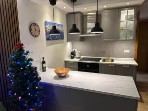 马里尔伊瓦Bellavista Marilleva 1400 - Val di Sole的厨房的柜台上摆放着圣诞树