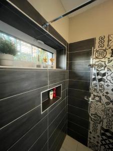 泽拜盖尼Zebikuckó的浴室设有黑色瓷砖淋浴。