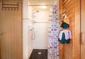 DriehuisB&B Noordzee-kerstdeco-Sauna-Strand7km-Kennemerduinen的带淋浴和浴帘的浴室
