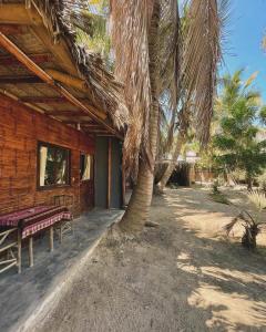 曼克拉Naif habitaciones的一个带长凳和棕榈树的小木屋