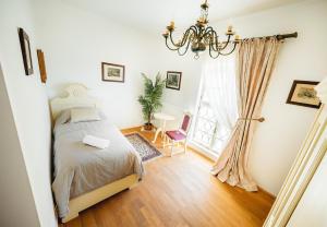 俄斯特拉发Château Rychvald的一间卧室配有一张床和一个吊灯